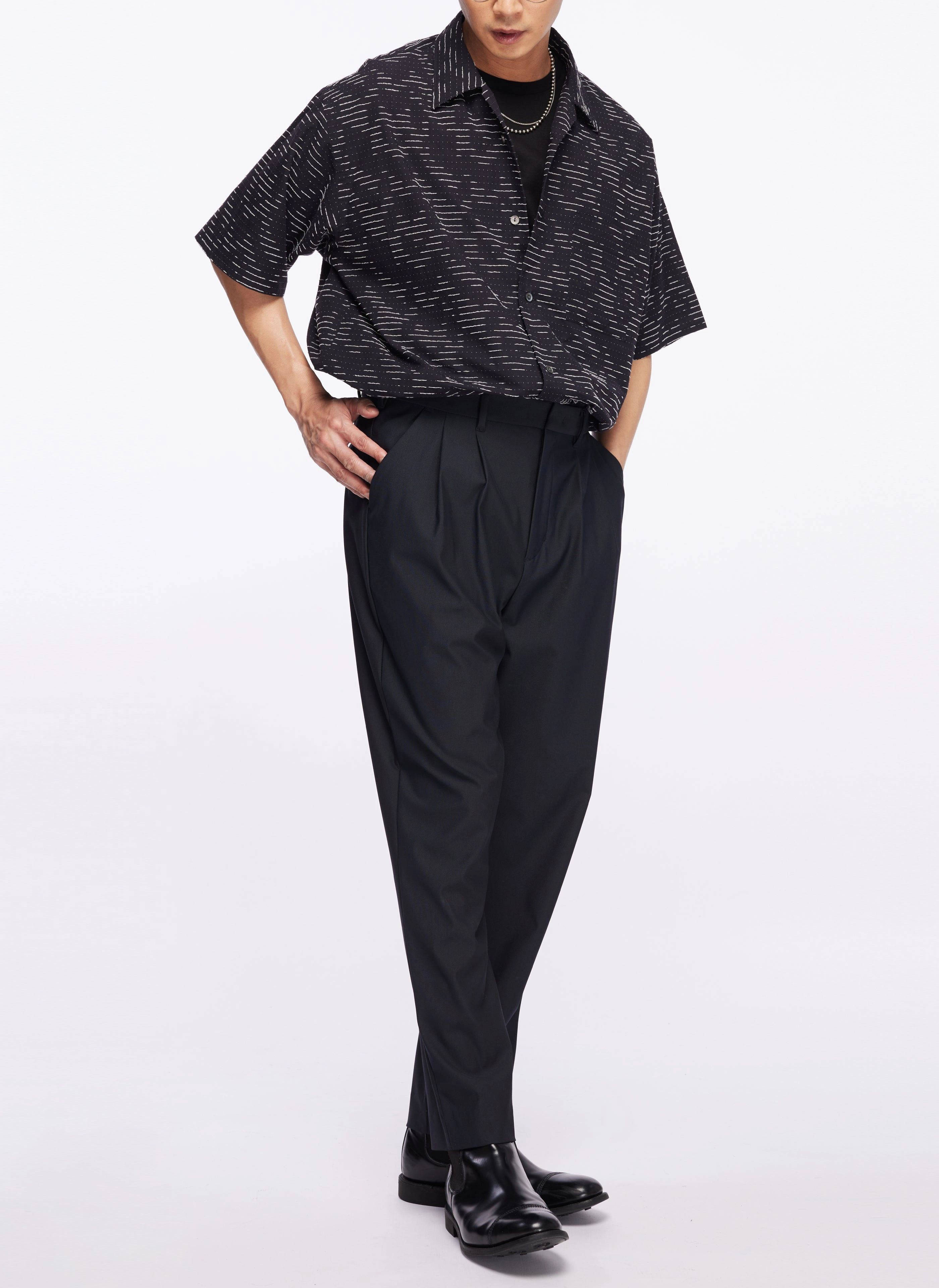 Albini Cotton Jacquard Short Sleeve Open Collar Shirt