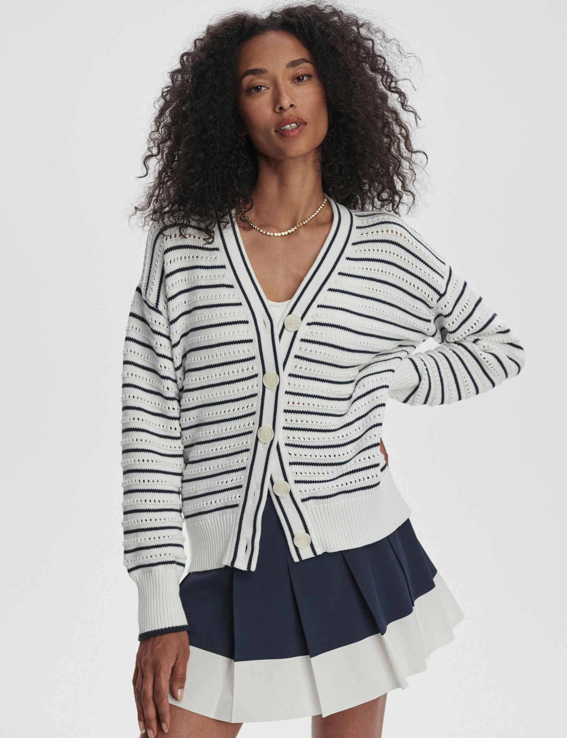 Antonia Relaxed Cardigan - White/Blue Nights