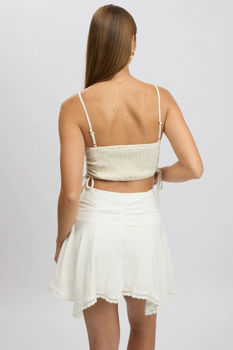 Beige Crop Cami Top Side Ruched Linen Blend