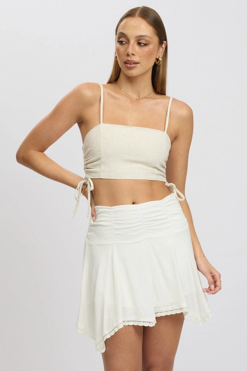 Beige Crop Cami Top Side Ruched Linen Blend