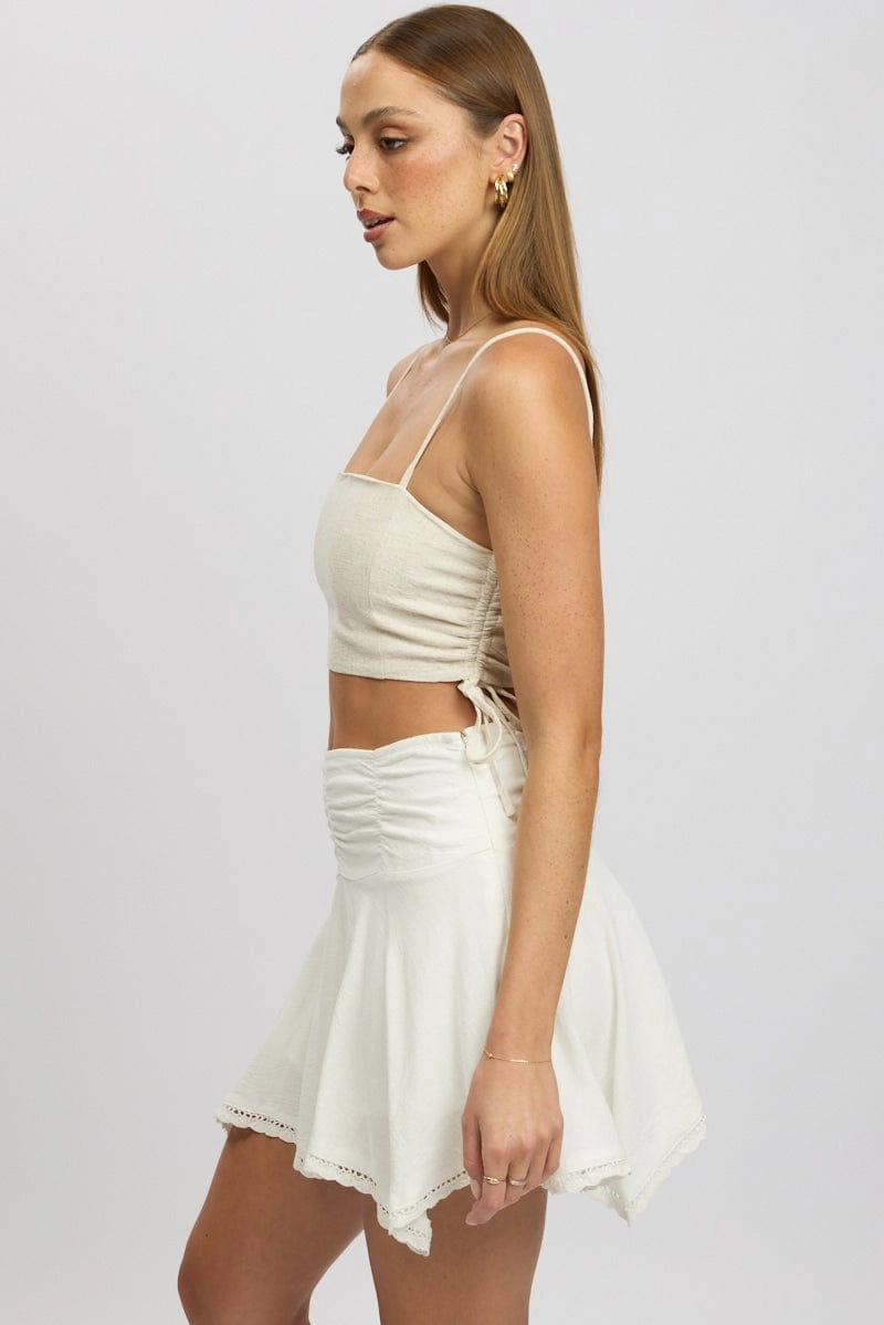 Beige Crop Cami Top Side Ruched Linen Blend