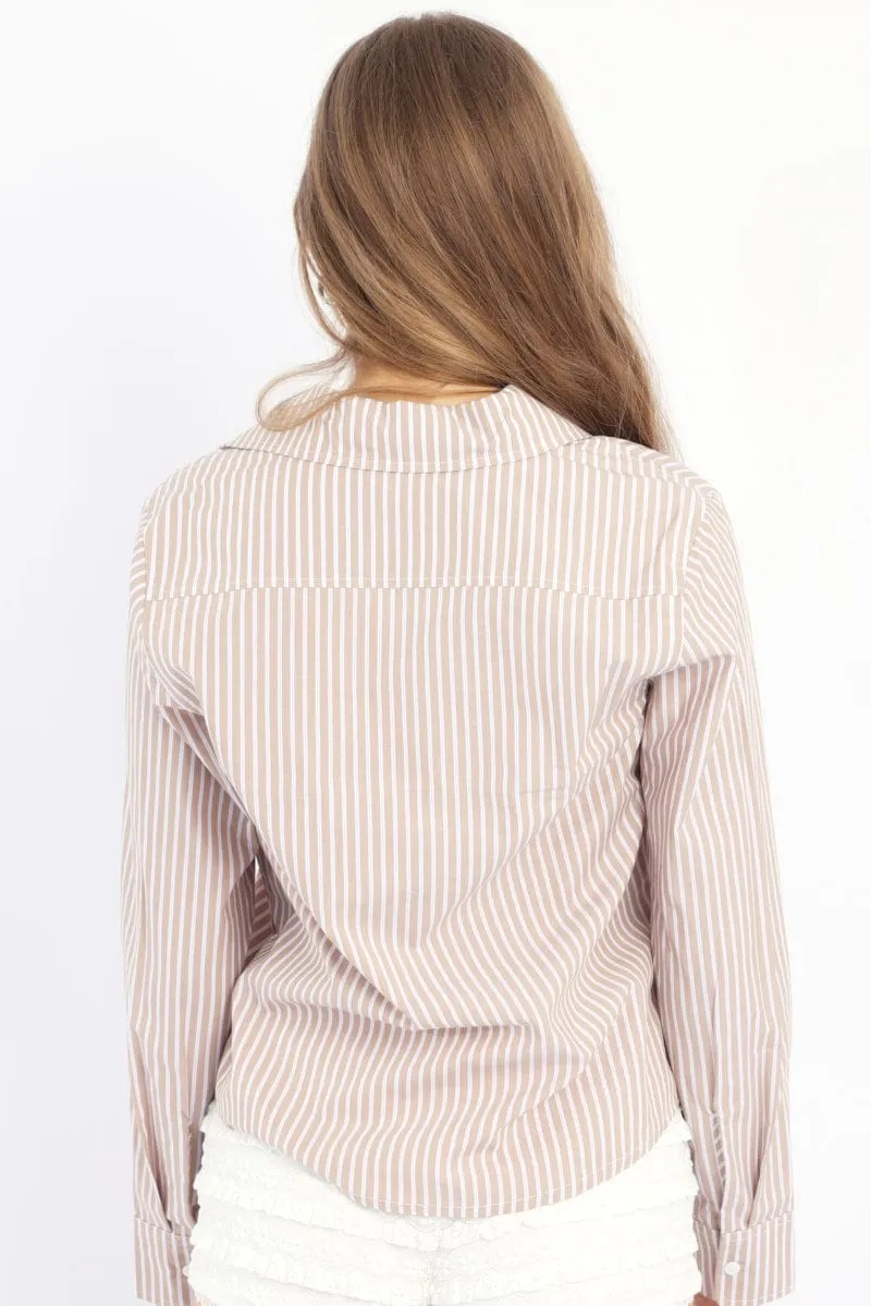 Beige Stripe Smart Fit Shirt Long Sleeve Collared Button Up