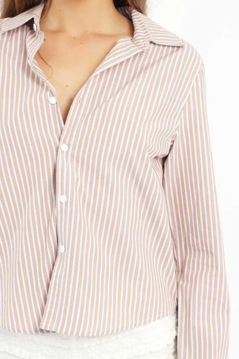 Beige Stripe Smart Fit Shirt Long Sleeve Collared Button Up