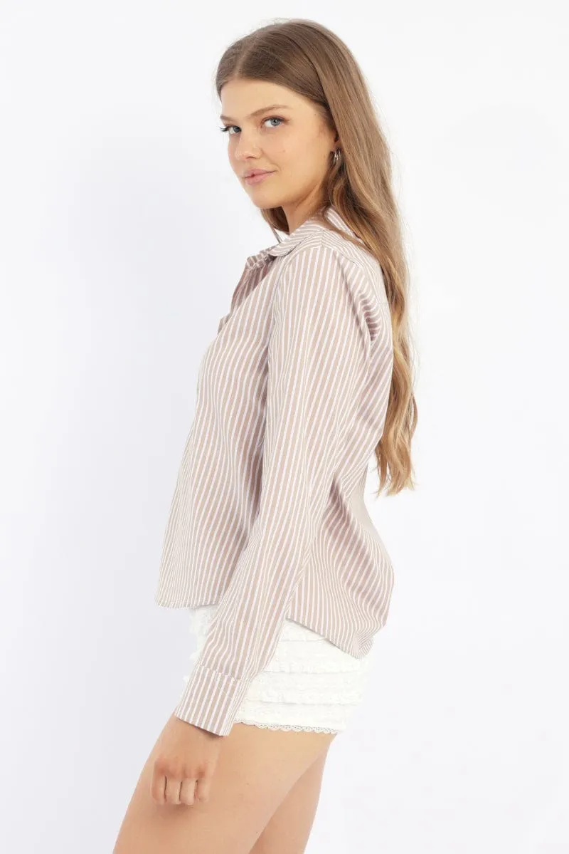 Beige Stripe Smart Fit Shirt Long Sleeve Collared Button Up