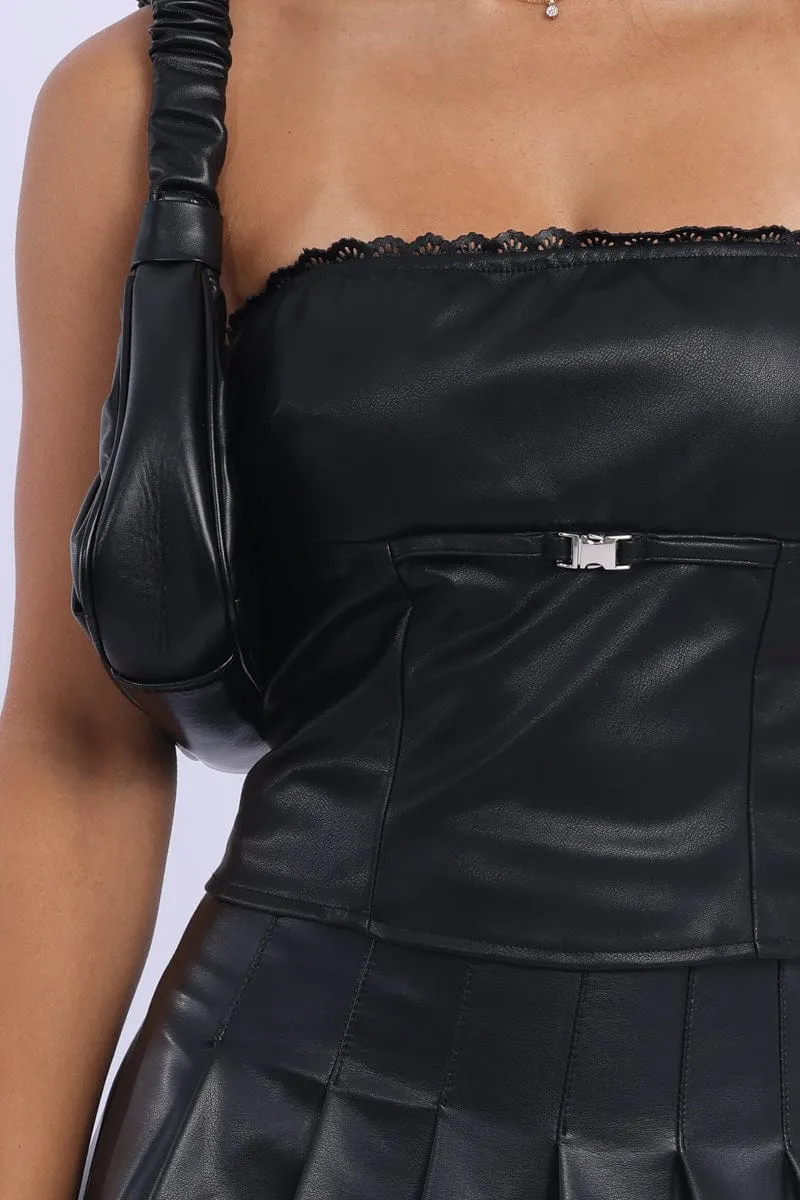 Black Bandeau Corset Sleeveless Lace Trim Pu