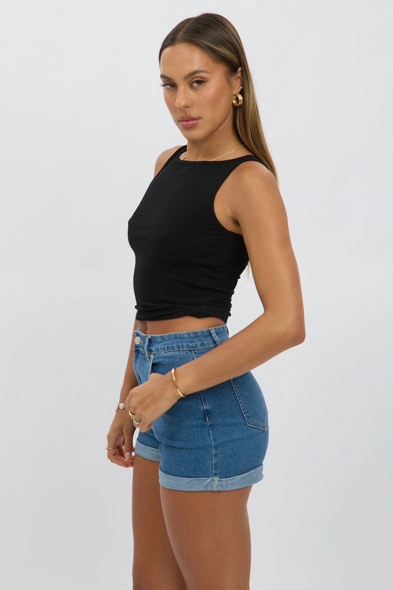 Black Boat Neck Tank Top Rib