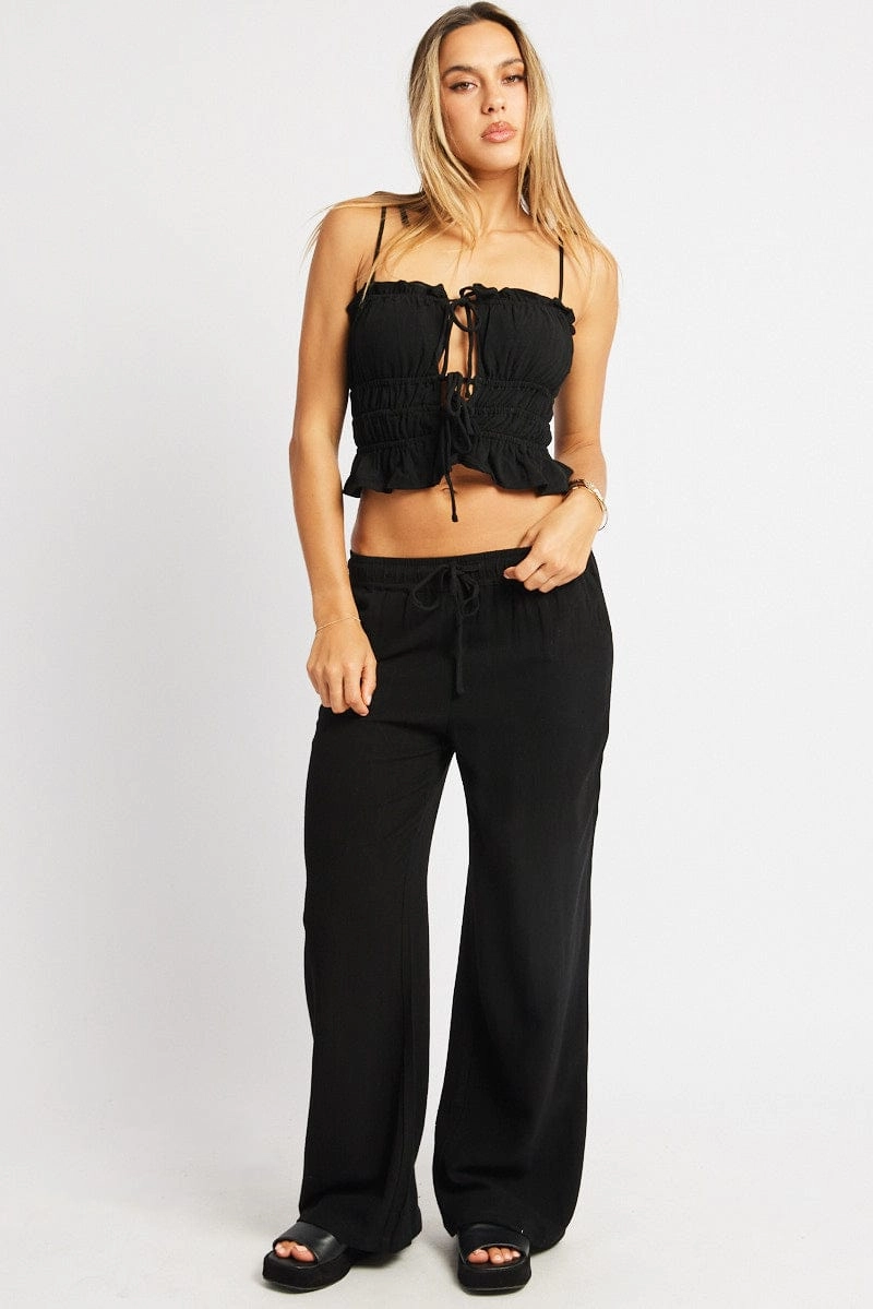 Black Cami Top Sleeveless Tie Front Linen Blend