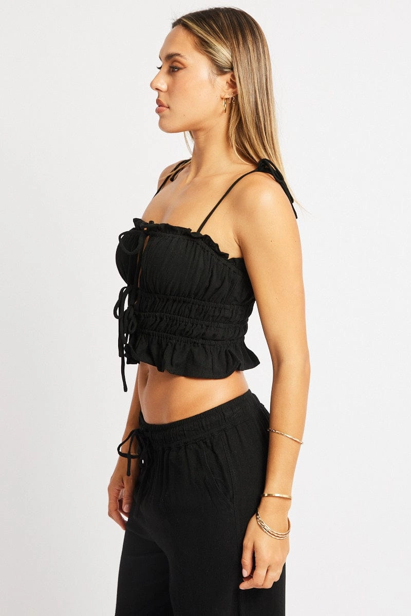 Black Cami Top Sleeveless Tie Front Linen Blend