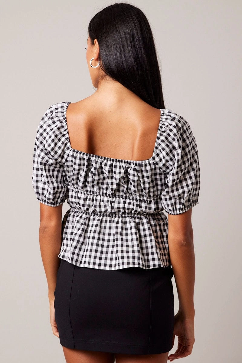 Black Check Ruched Peplum Top Short Sleeve