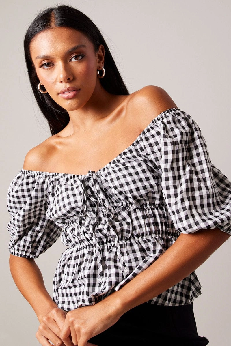 Black Check Ruched Peplum Top Short Sleeve