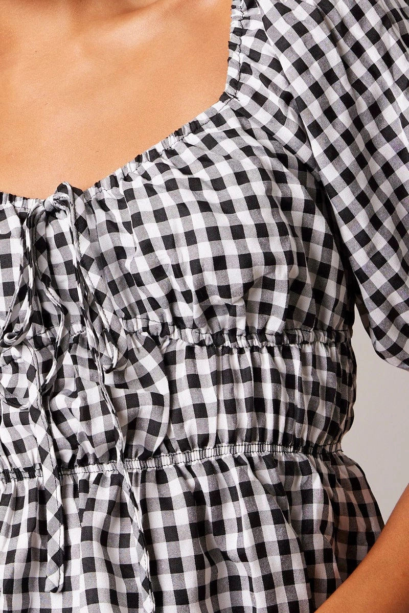 Black Check Ruched Peplum Top Short Sleeve