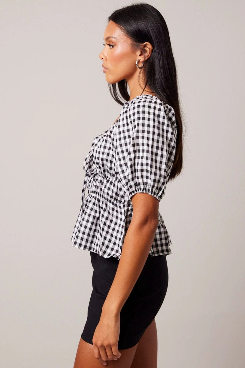 Black Check Ruched Peplum Top Short Sleeve