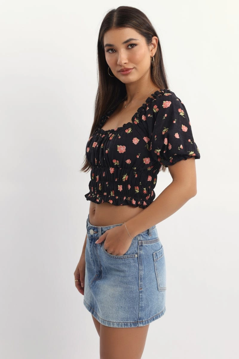 Black Ditsy Shirred Top Short Sleeve Square Neck Frill Details