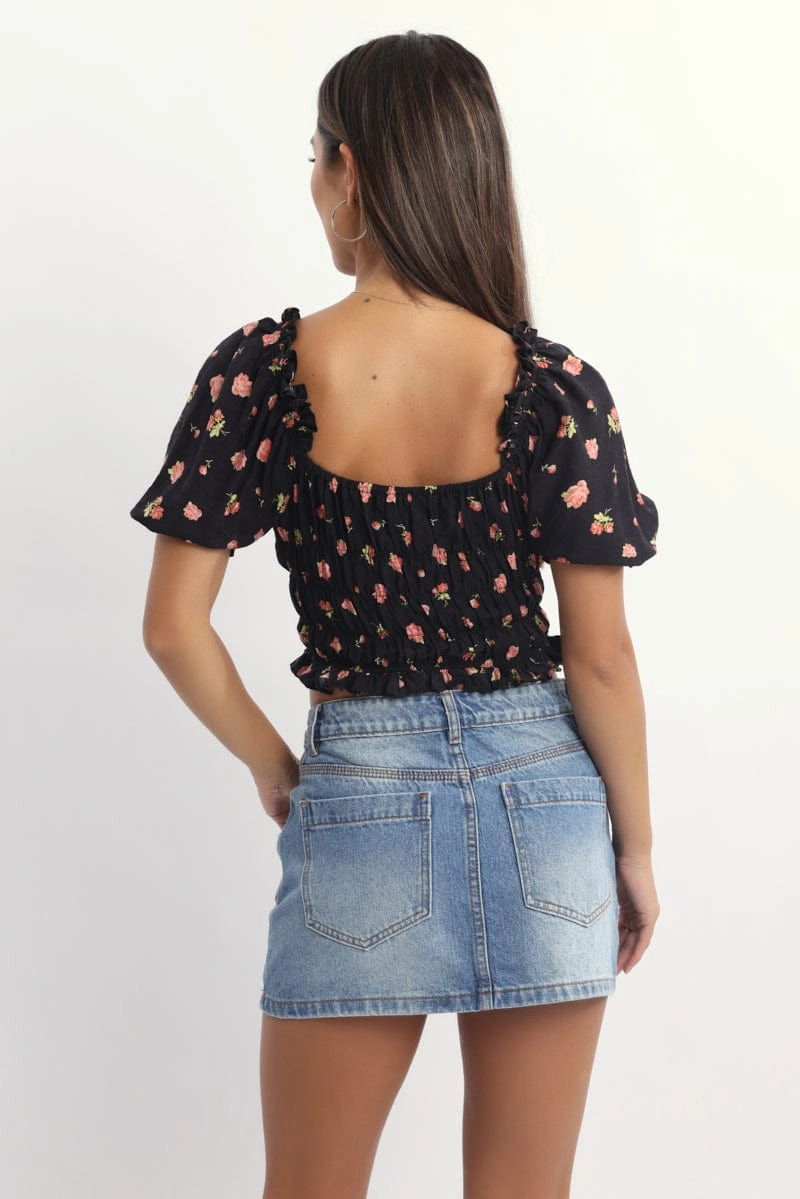 Black Ditsy Shirred Top Short Sleeve Square Neck Frill Details