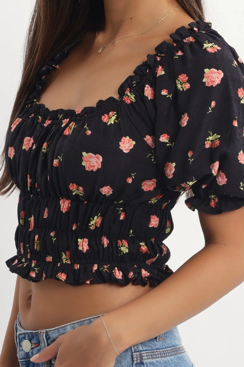 Black Ditsy Shirred Top Short Sleeve Square Neck Frill Details