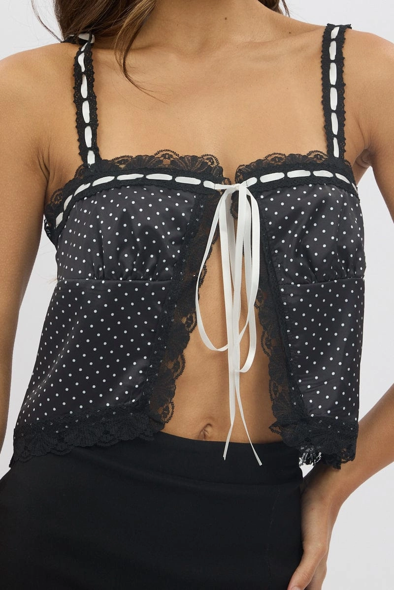 Black Polka Dot Cami Top Open Front Ribbon