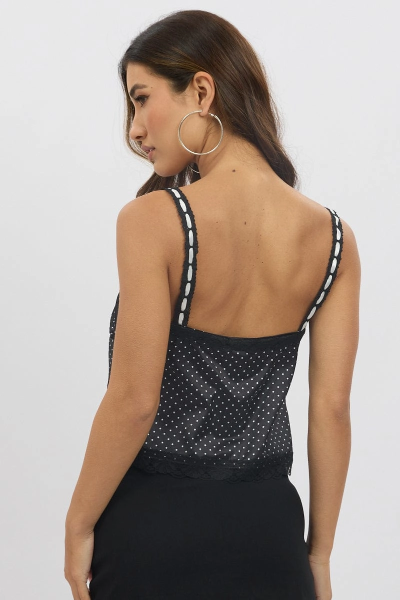 Black Polka Dot Cami Top Open Front Ribbon