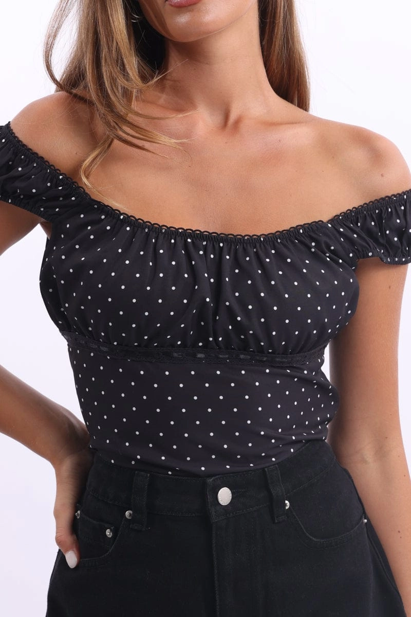 Black Polka Dot Tie Front Top Short Sleeve Lace Tape Detail