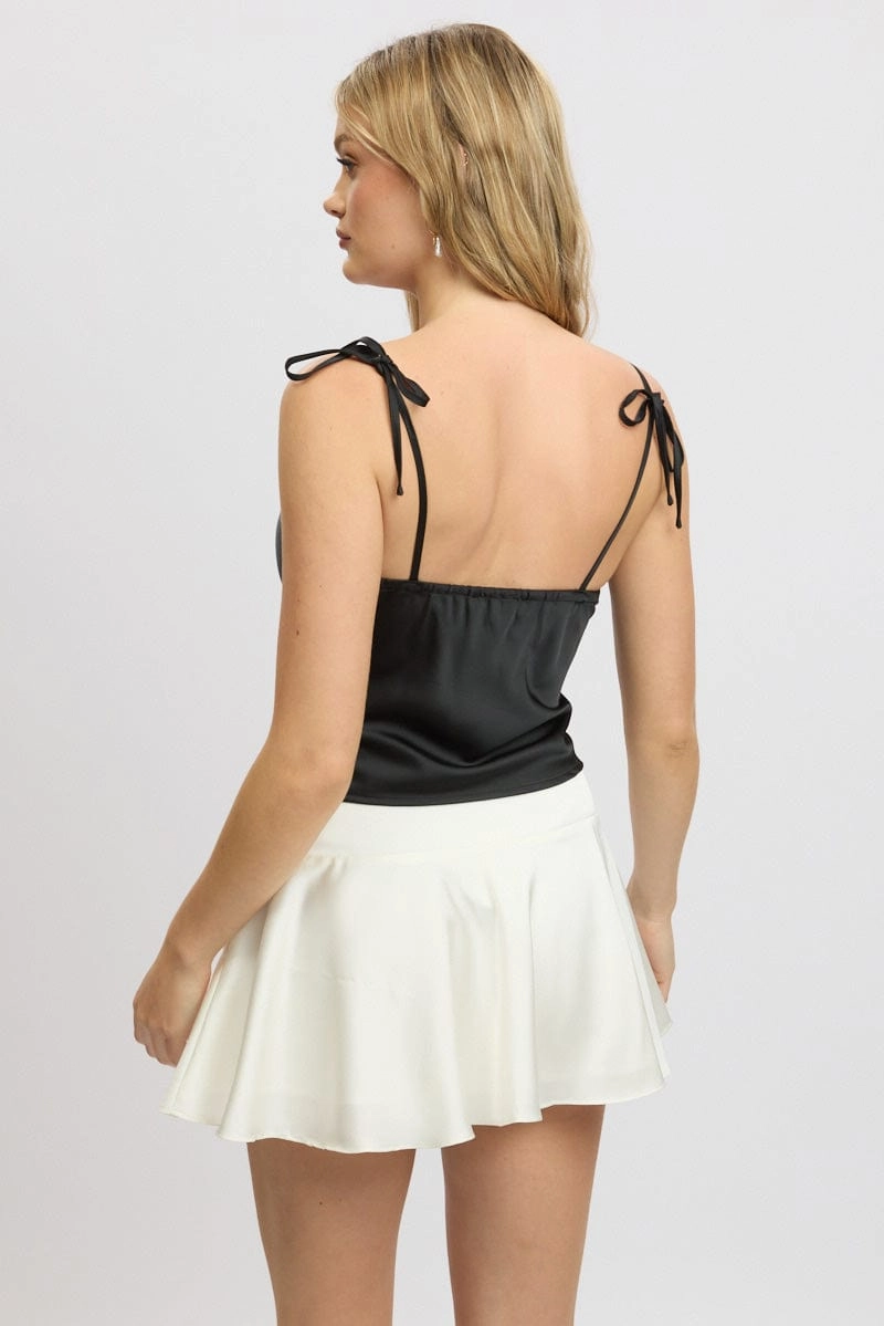 Black Satin Cami Top Ruched Bust