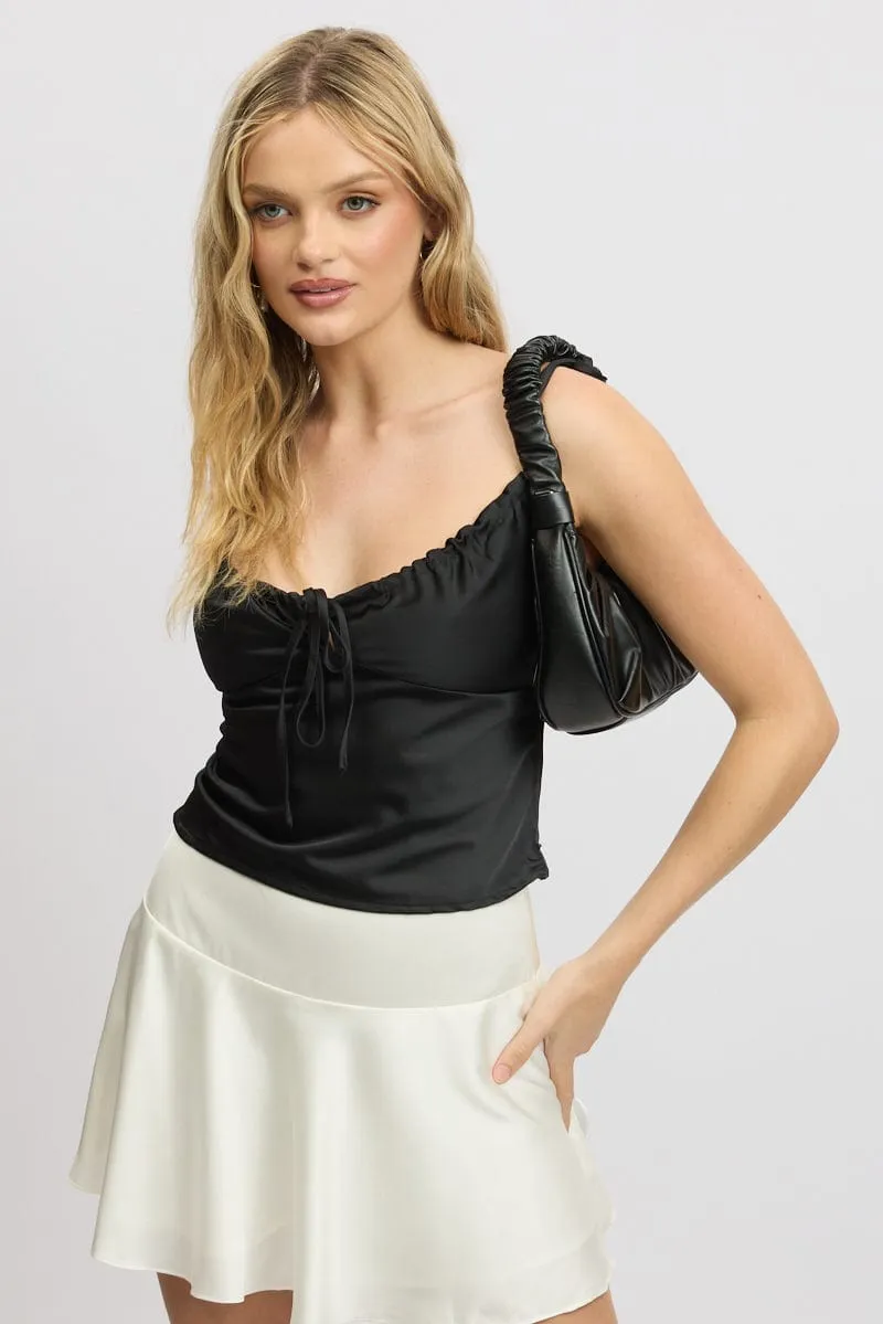 Black Satin Cami Top Ruched Bust