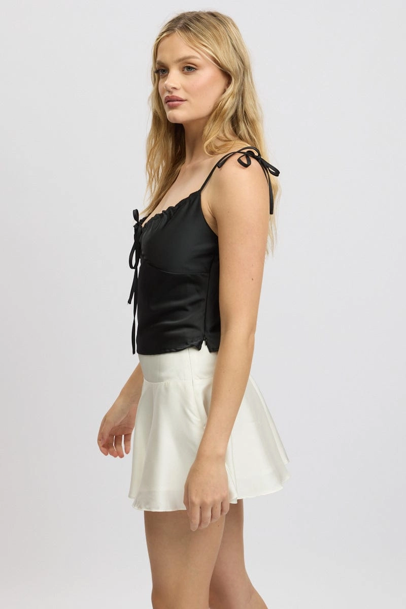 Black Satin Cami Top Ruched Bust