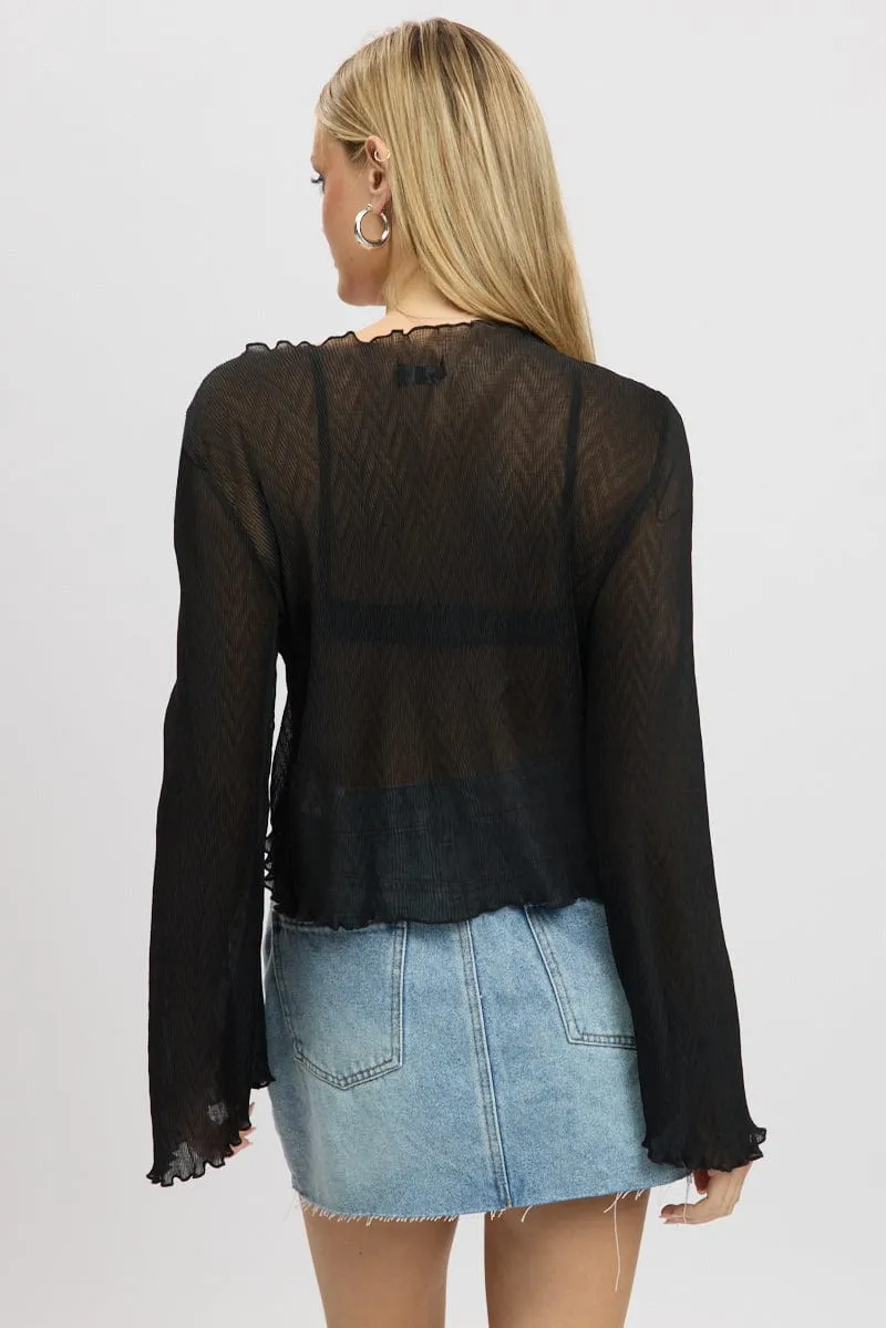 Black Tie Up Front Top Long Sleeve Textured
