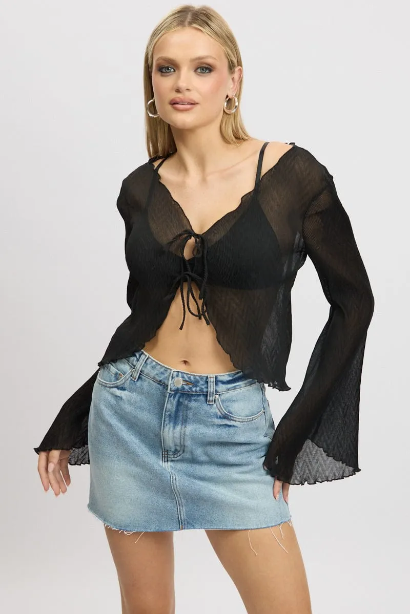 Black Tie Up Front Top Long Sleeve Textured