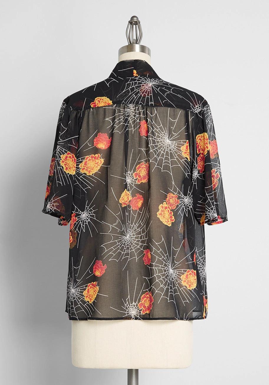 Blooming Webs Tie-Neck Blouse