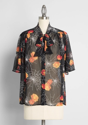 Blooming Webs Tie-Neck Blouse
