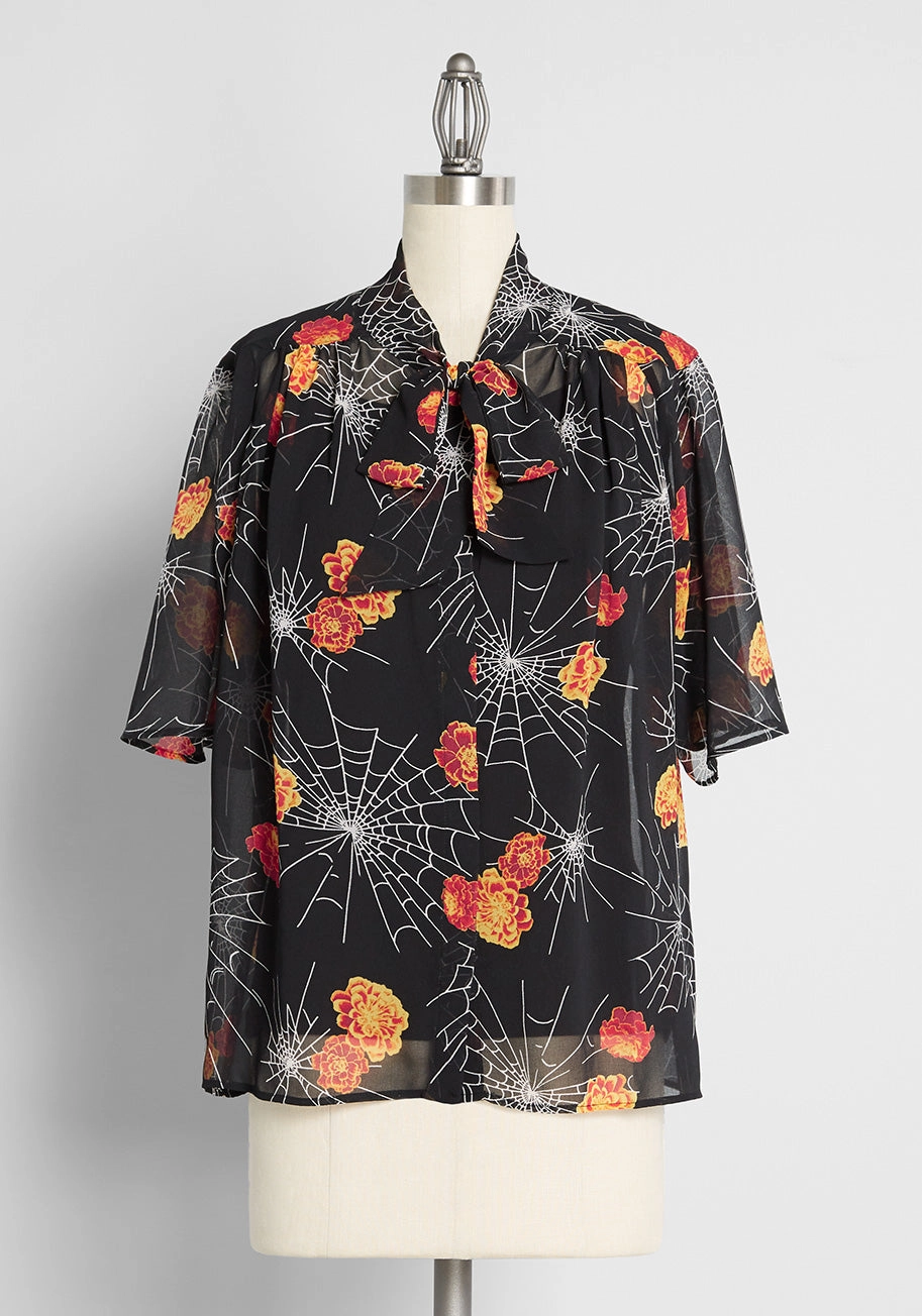 Blooming Webs Tie-Neck Blouse