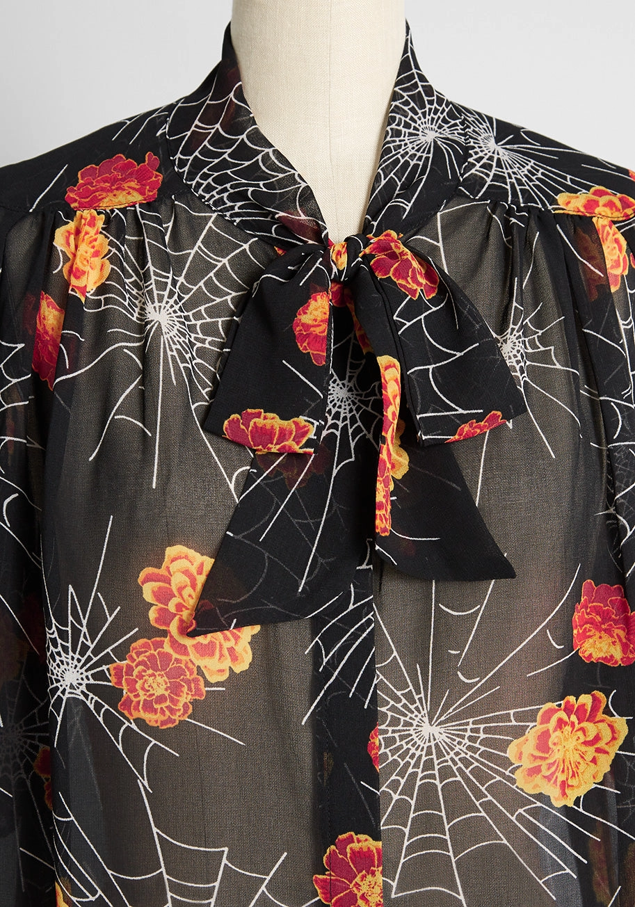 Blooming Webs Tie-Neck Blouse