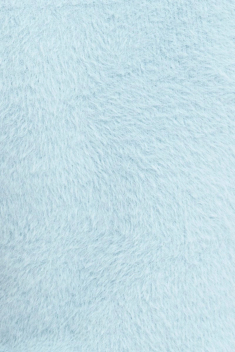 Blue Fluffy Knit Top Short Sleeve Crew Neck