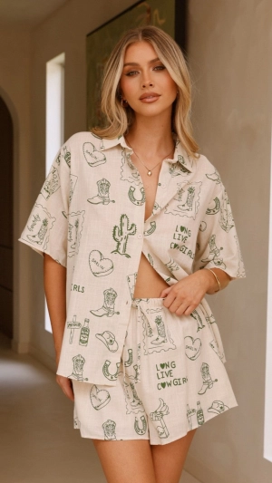 Charli Button Up Shirt and Shorts Set - Beige/Khaki Cowgirl