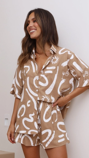 Charli Button Up Shirt and Shorts Set - Tan/White