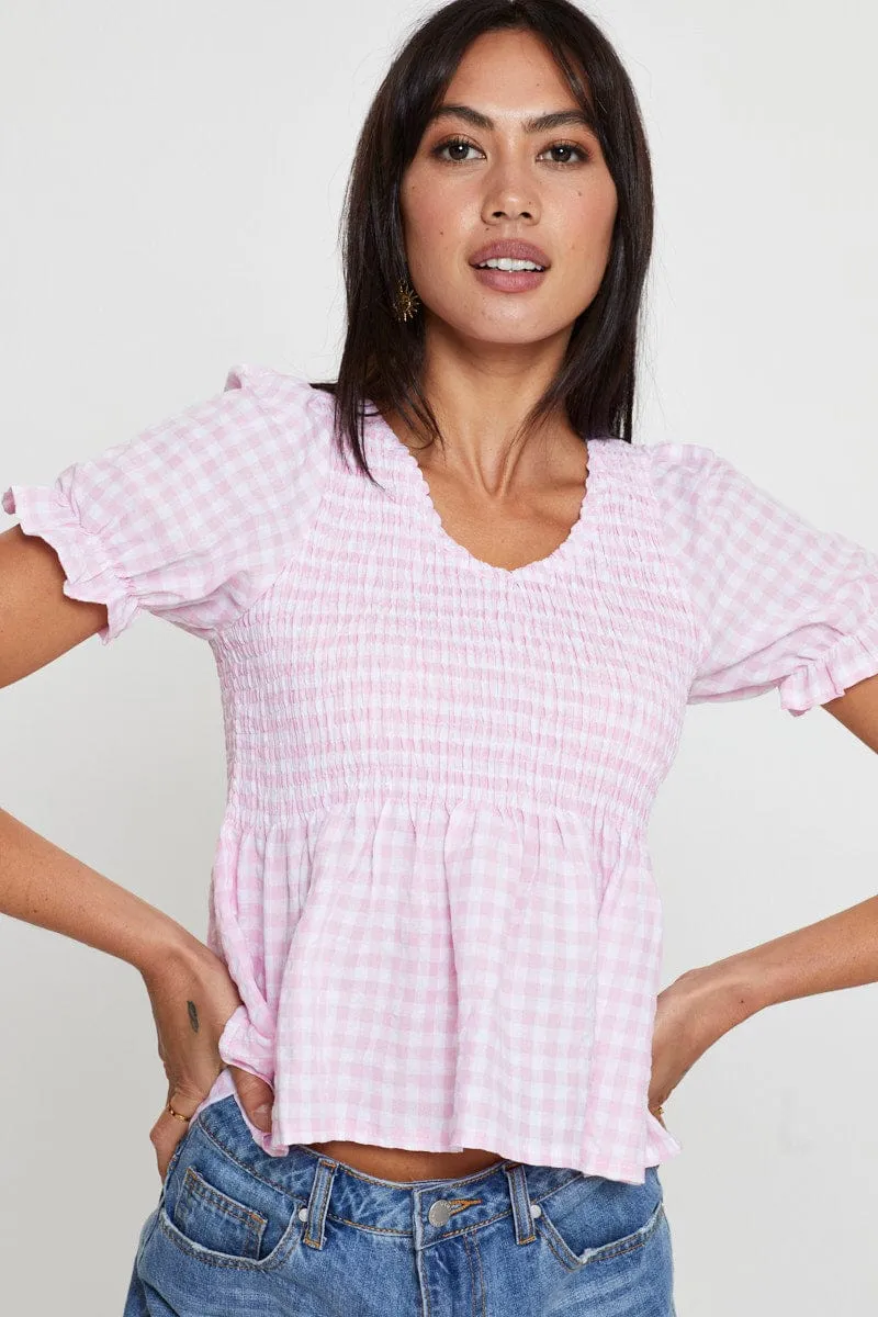 Check Puff Sleeve Top Short Sleeve