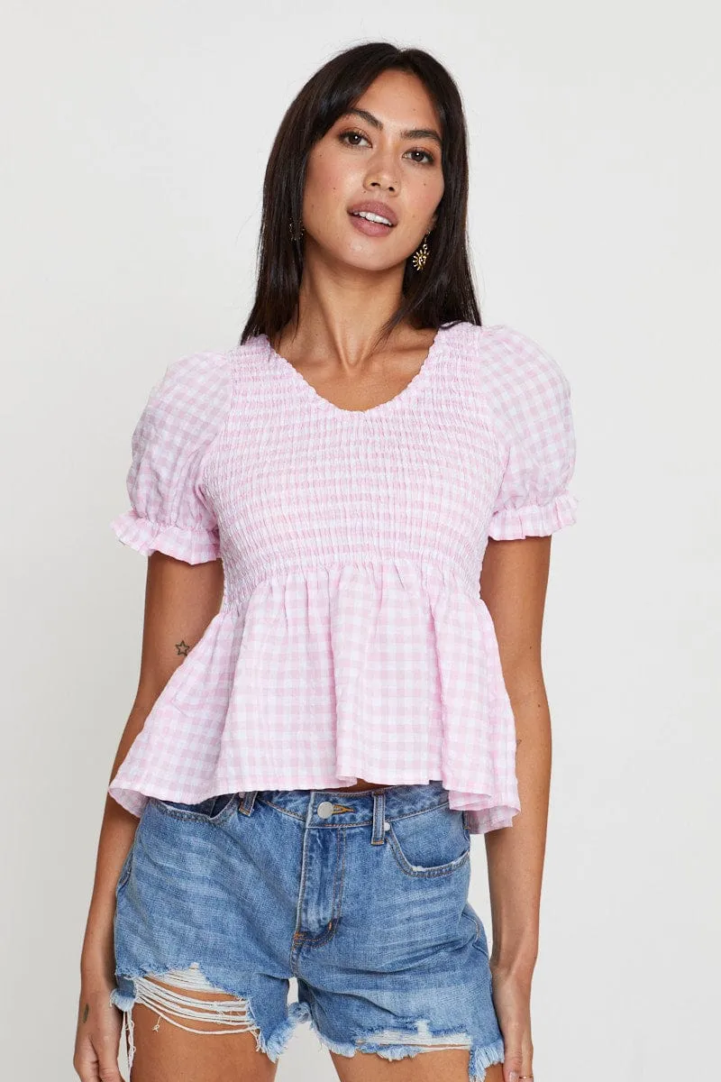 Check Puff Sleeve Top Short Sleeve