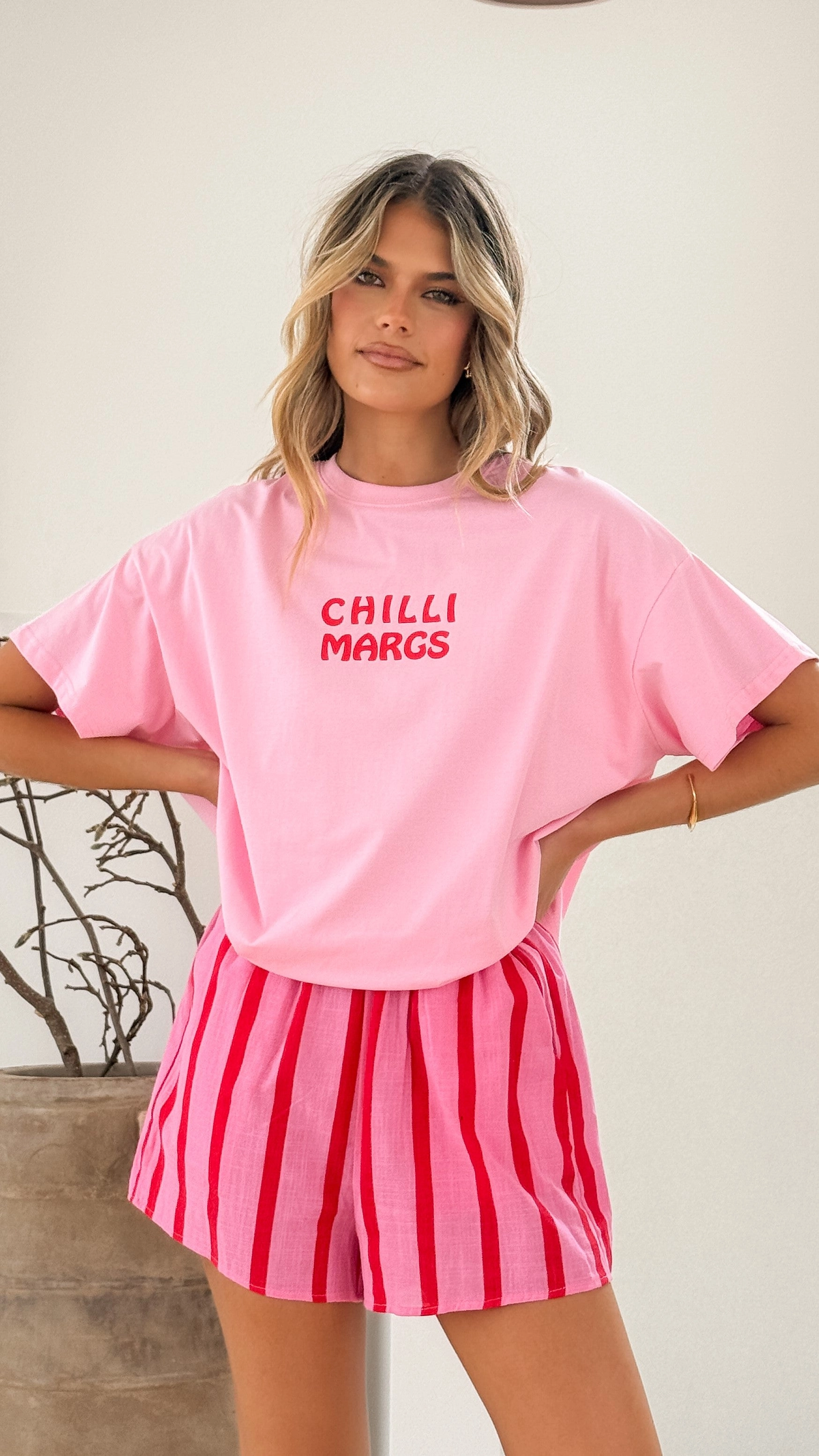 Chilli Margs Top and Shorts Set - Pink/Red Stripe