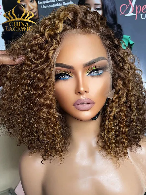 Chinalacewig 8x6 Royal 007 Lace Wig Ombre Brown Curly Wear &Go Breathable Cap WigCL011