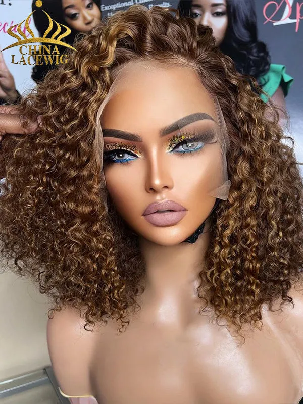 Chinalacewig 8x6 Royal 007 Lace Wig Ombre Brown Curly Wear &Go Breathable Cap WigCL011