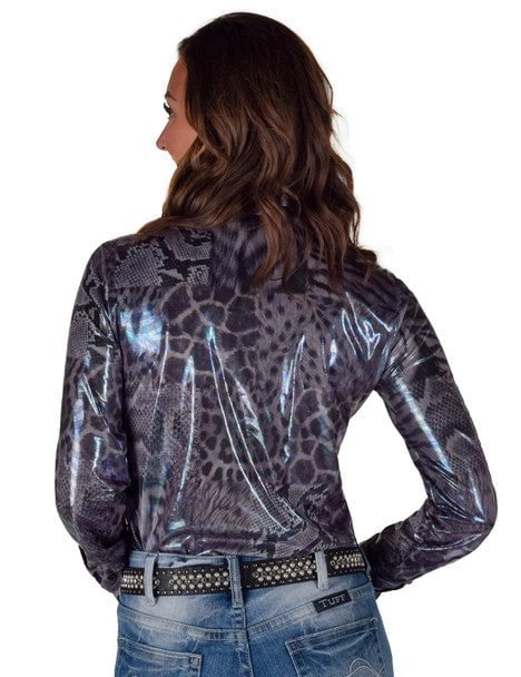 Cowgirl Tuff Womens Shiny Animal Gray Polyester L/S Shirt
