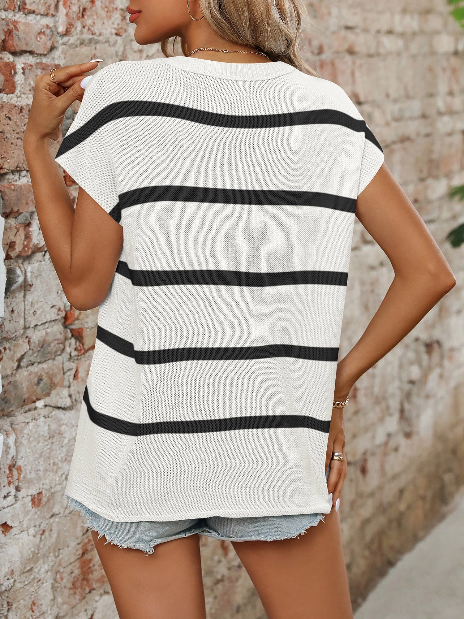 Crew Neck Casual Striped Short Sleeve Knit Tops