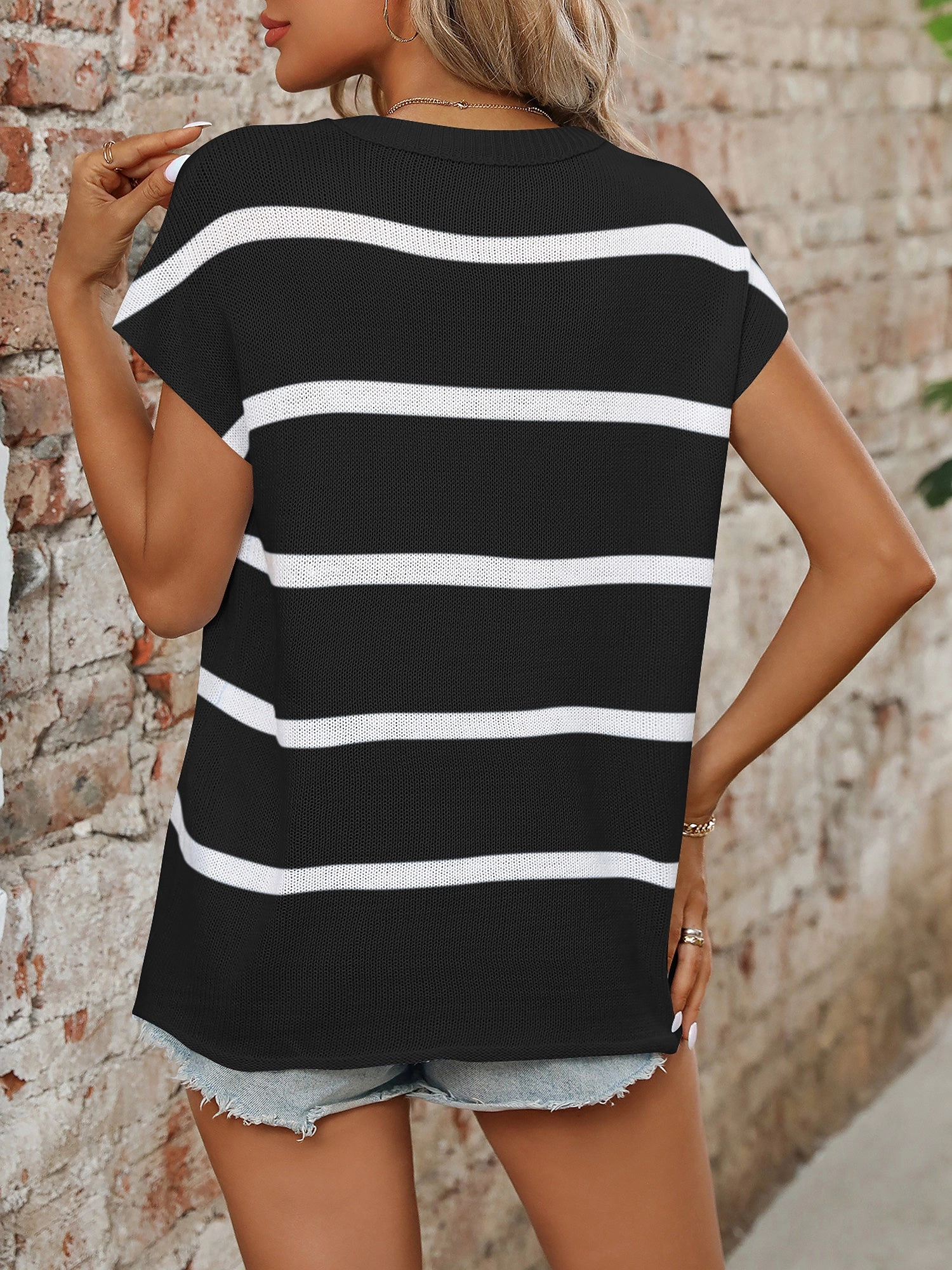 Crew Neck Casual Striped Short Sleeve Knit Tops
