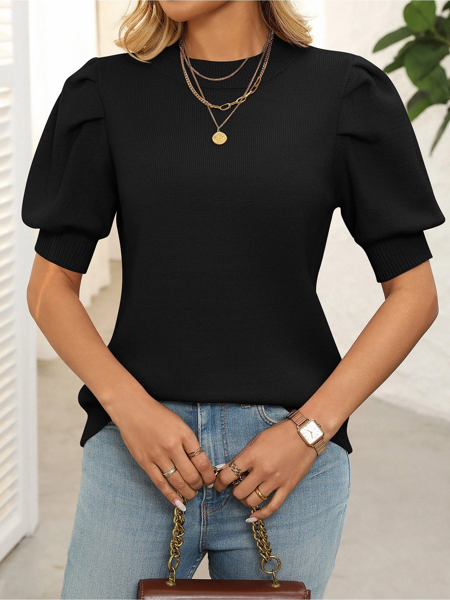 Crew Neck Puff Sleeve Solid Color Knit Tops