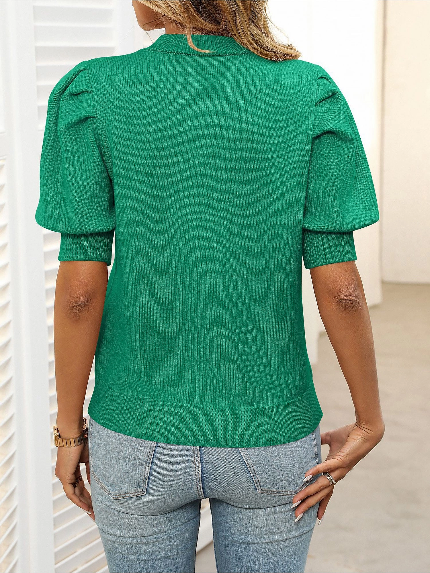 Crew Neck Puff Sleeve Solid Color Knit Tops