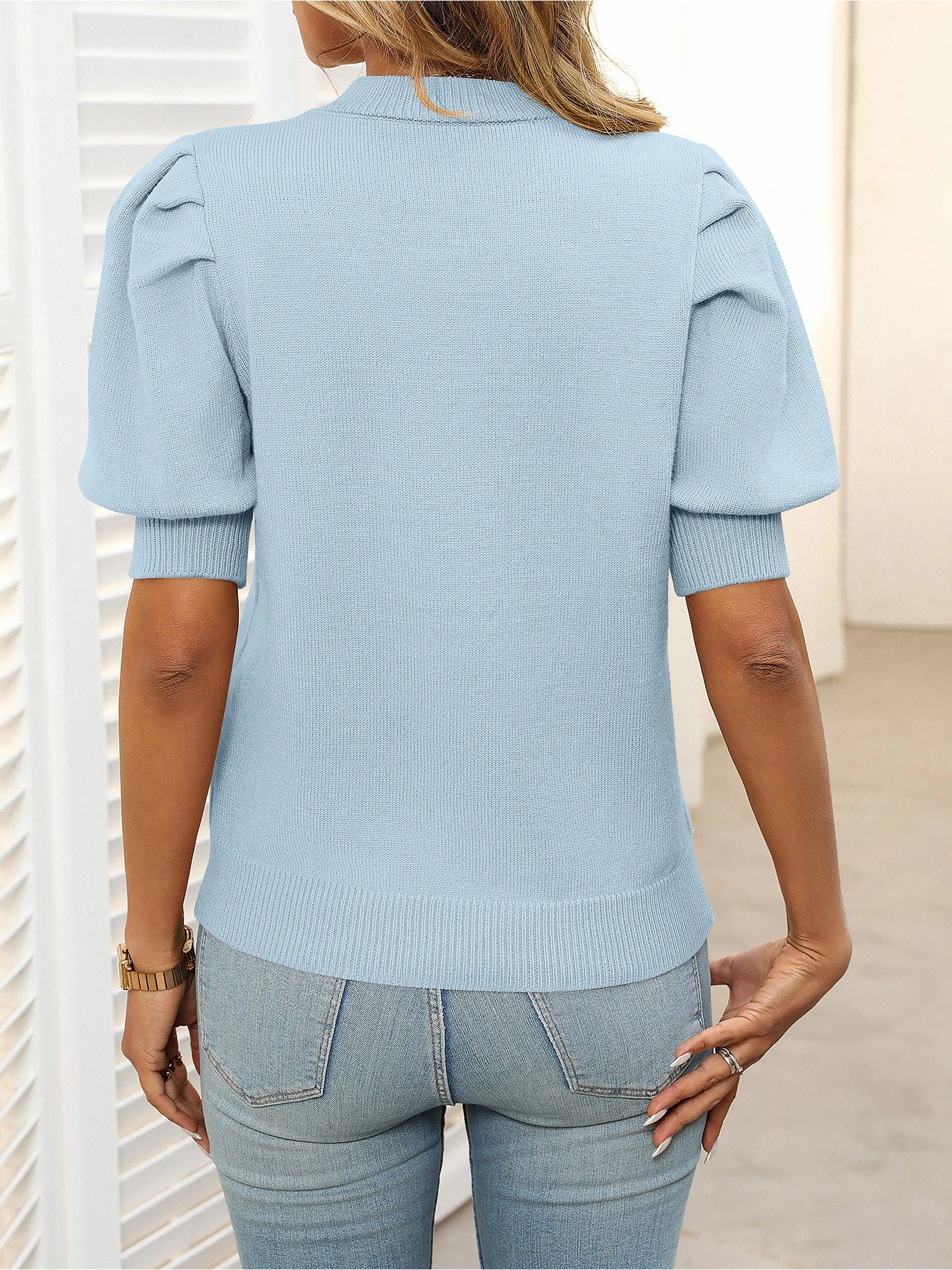 Crew Neck Puff Sleeve Solid Color Knit Tops