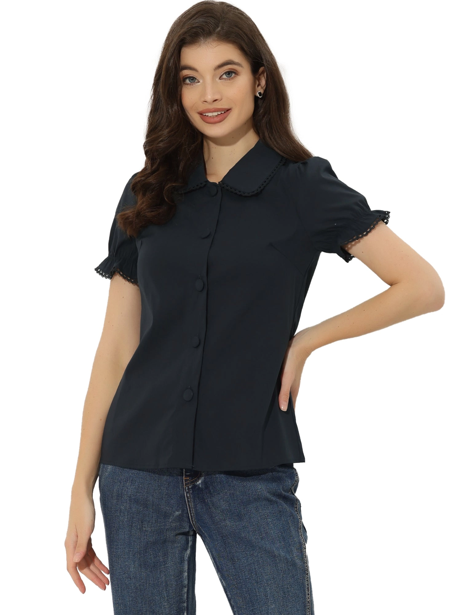 Doll Collar Tops Short Sleeve Button Down Shirt