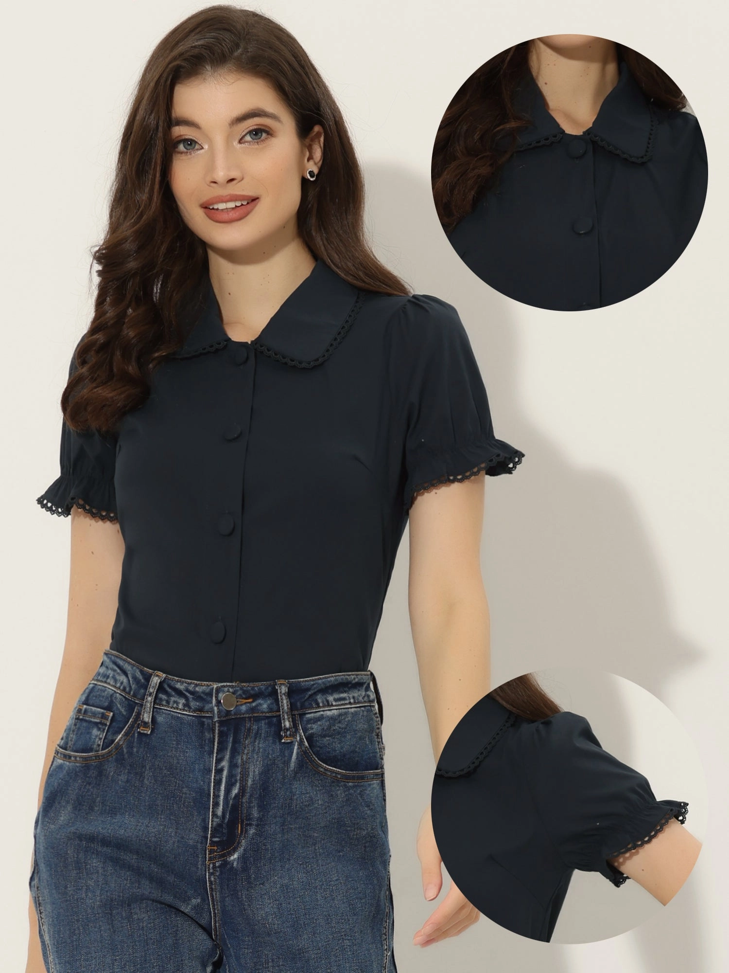 Doll Collar Tops Short Sleeve Button Down Shirt