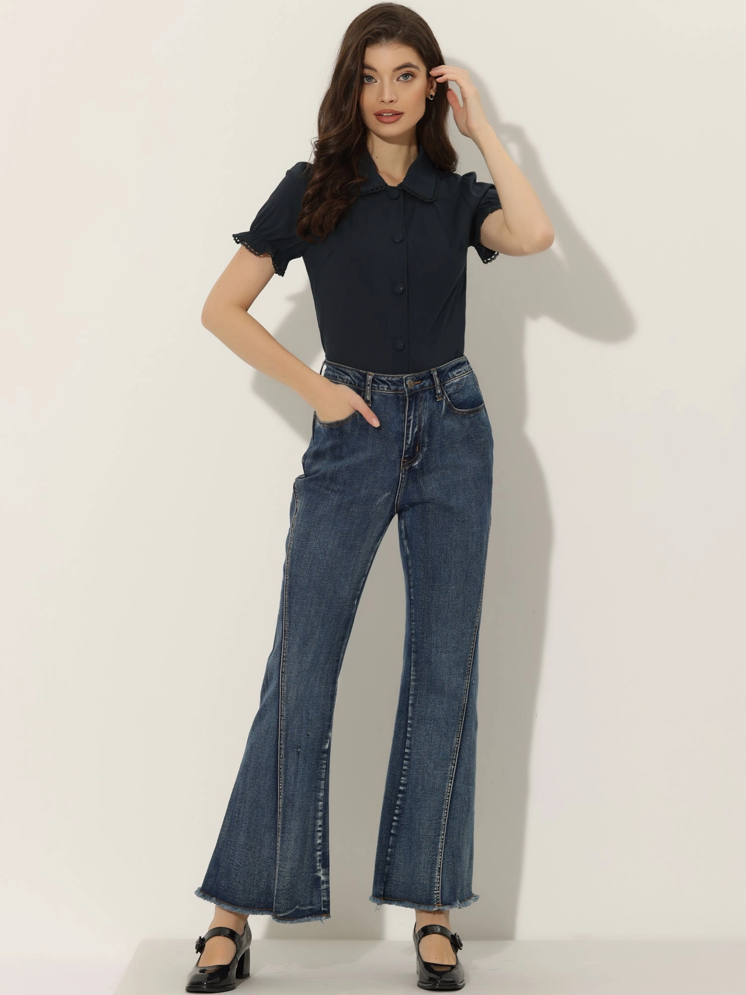 Doll Collar Tops Short Sleeve Button Down Shirt