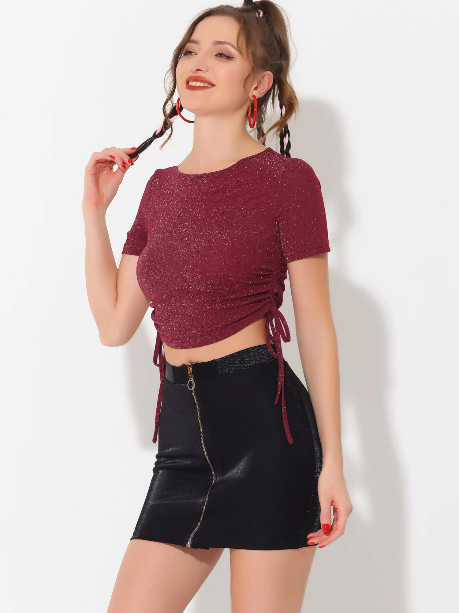 Drawstring Side Ruched Tee Shirt Glitter Crop Tops