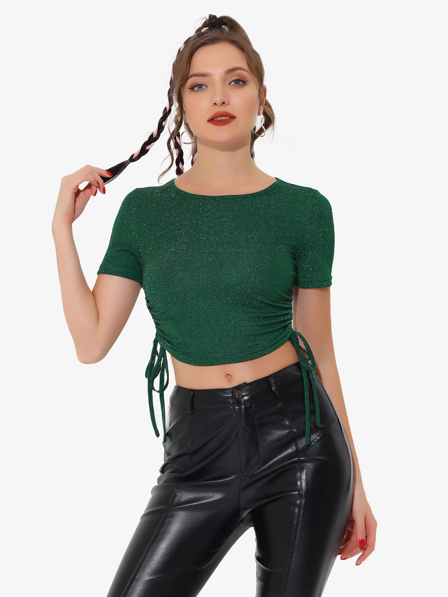 Drawstring Side Ruched Tee Shirt Glitter Crop Tops